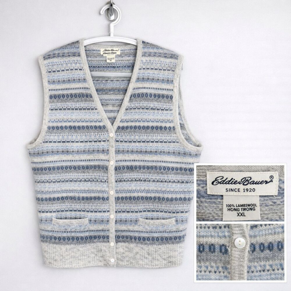 Vintage Eddie Bauer Lambswool‎ Sweater Vest XXL Fair Isle Knit Grandpa Heritage